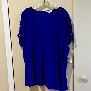 NWT Pretty Royal Blue V-neck Top w/Peek a Boo Sleeves with Bling Stones